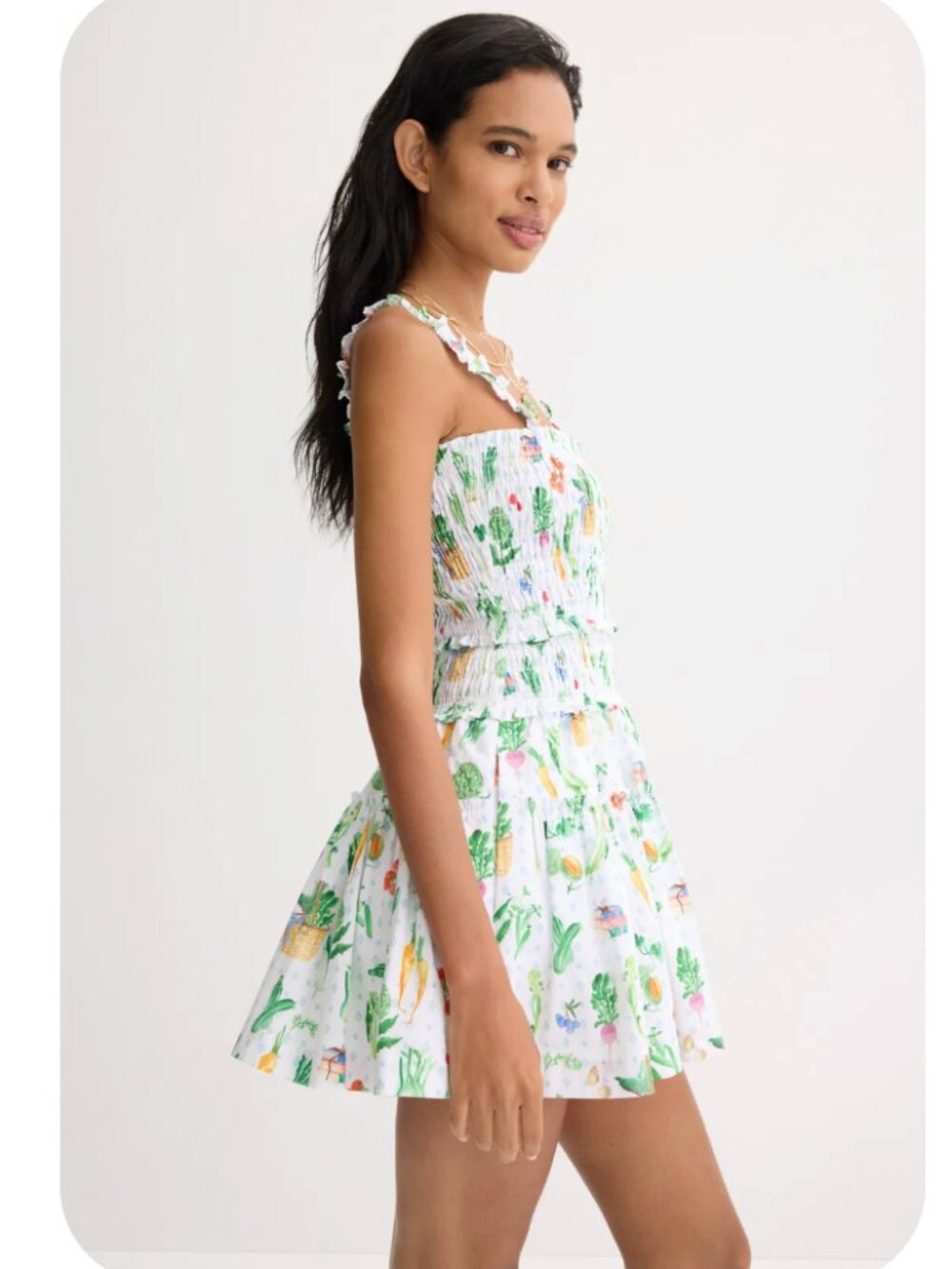 Floral Smocked Mini Dress in White and Green - Picture 3 of 8